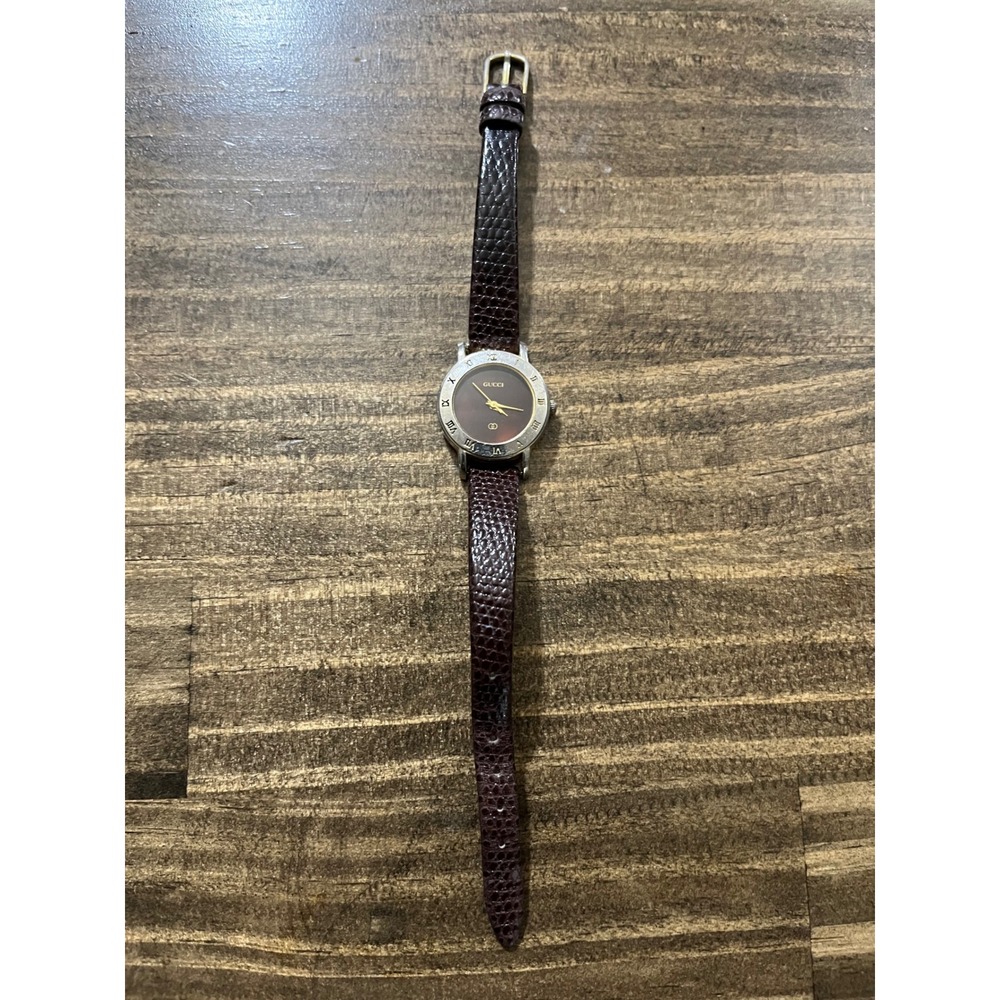 Vintage Gucci Swiss Made Brown Dial Roman Numeral Bezel Leather Strap Watch